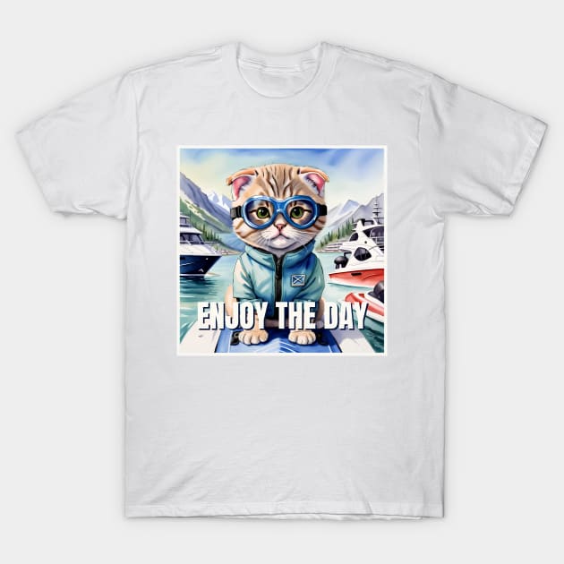 Scottish Fold Cat At A Marina T-Shirt by Jasmine Fleur